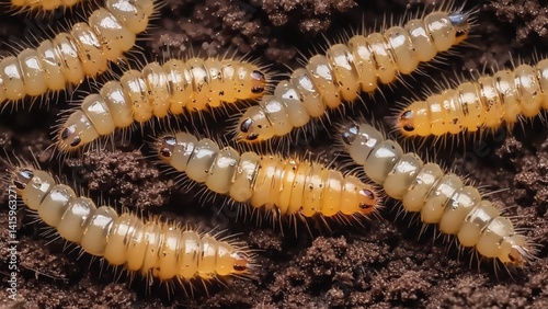 A bunch of small brown and yellow bugs on the ground. The bugs are crawling and appear to be in a group
