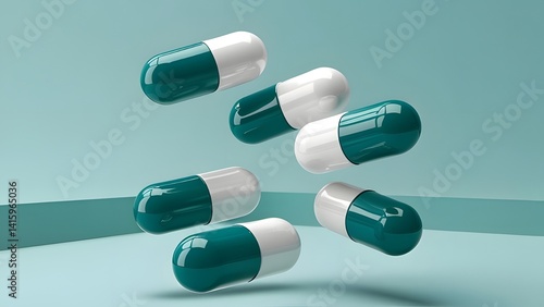 Floating Green and White Capsules on a Soft Background