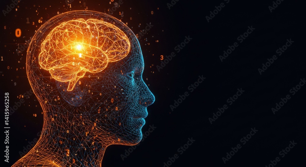 Human head with glowing brain representing thoughts and ideas Human head with glowing brain representing thoughts and ideas