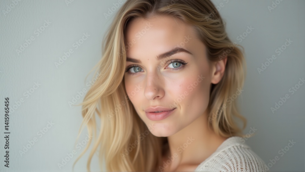 A woman with flowing blonde hair gazes softly at the camera, with a gentle expression, against a light neutral background, exuding natural beauty. Generative, AI, A woman with flowing blonde hair gazes softly at the camera, with a gentle expression, against a light neutral background, exuding natural beauty. Generative, AI,
