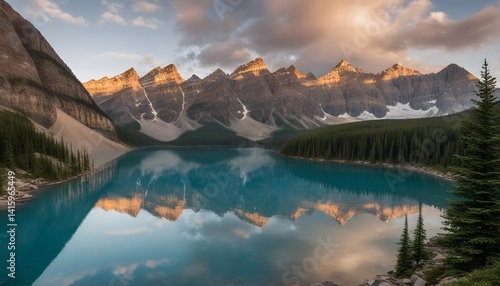 Mountain Reflection in Crystal Clear Lake at Sunset
