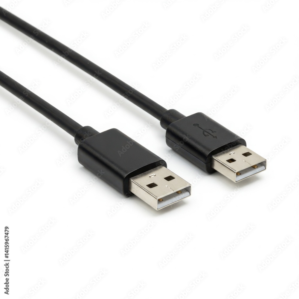 Close up view of a standard usb cable with black connectors ends isolated on white background Close up view of a standard usb cable with black connectors ends isolated on white background