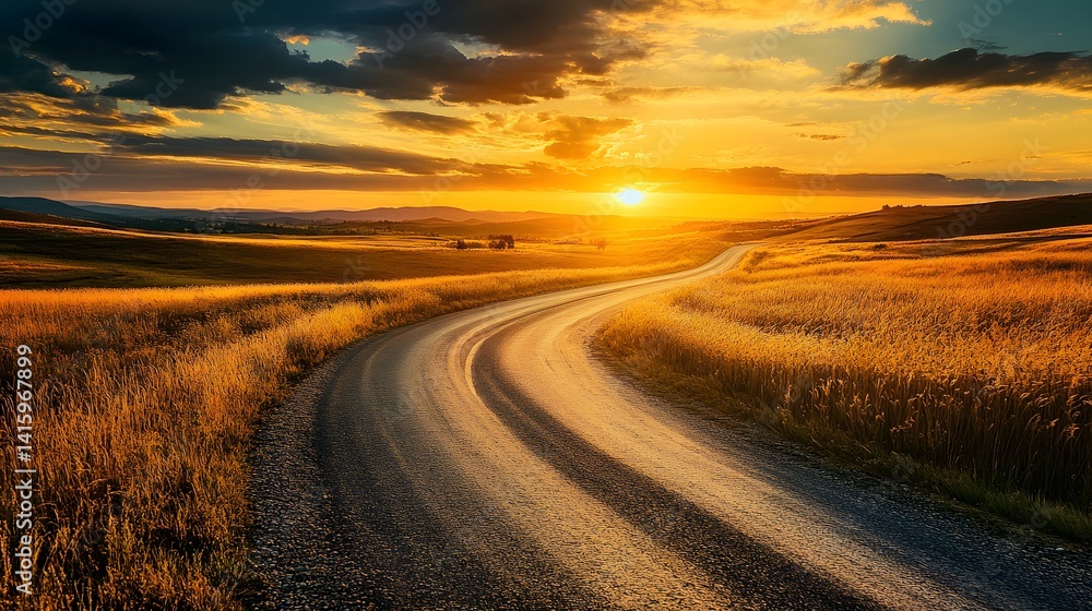 A winding asphalt road cuts through a vast expanse of golden sand dunes, the setting sun casting a warm glow on the horizon, promising a journey of discovery and adventure