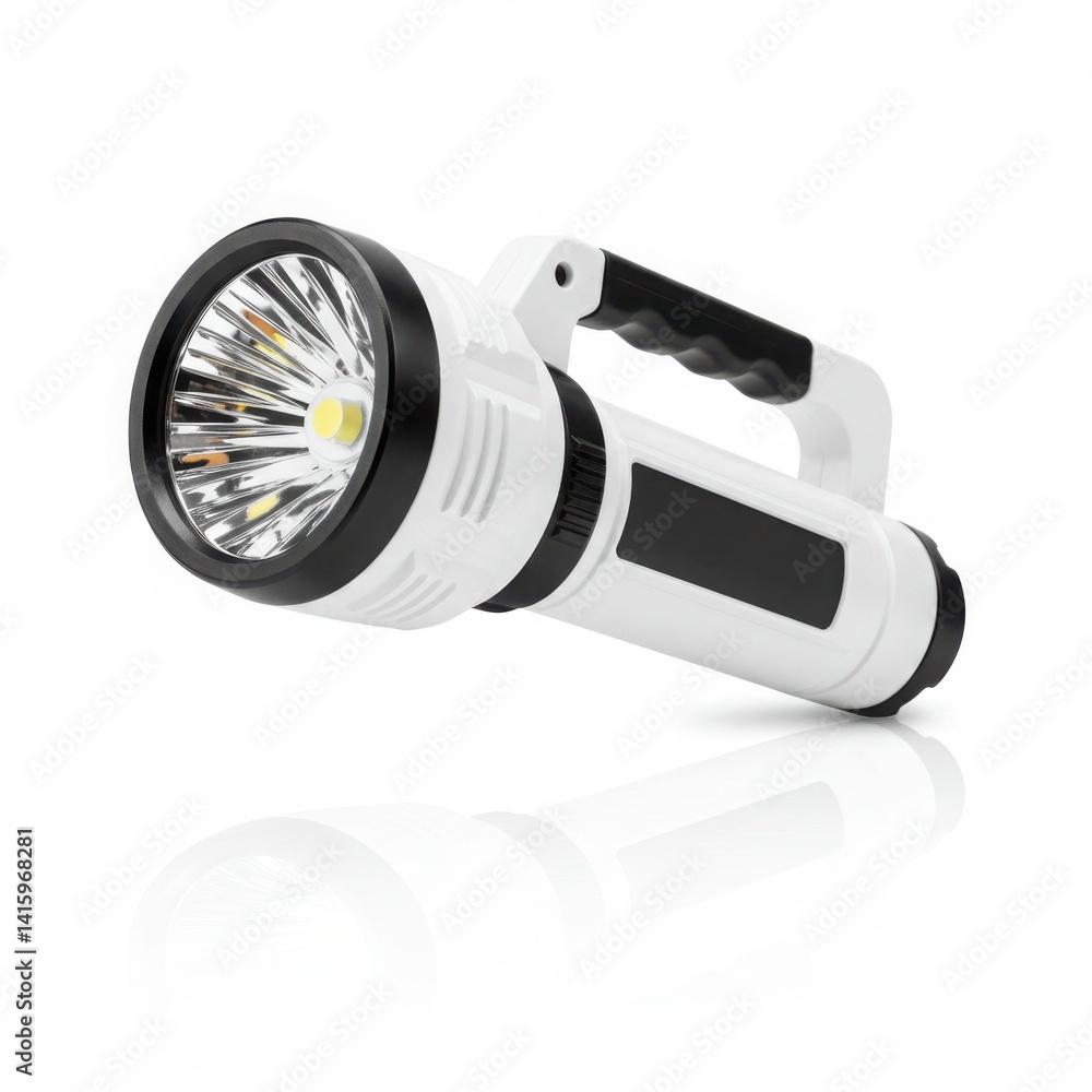A white flashlight with a black handle and rim lying horizontally isolated on white background A white flashlight with a black handle and rim lying horizontally isolated on white background