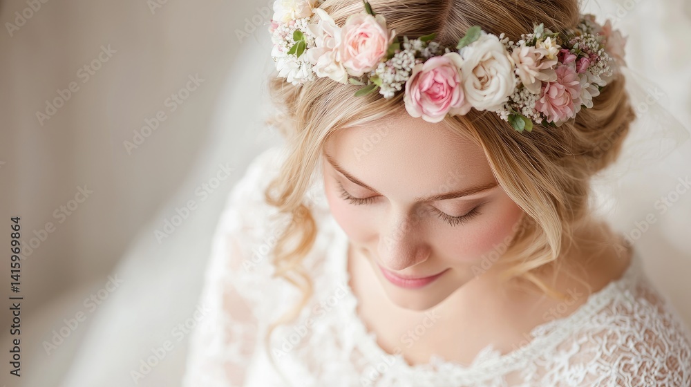 Naklejka premium Elegant woman with flower crown romantic pastel portrait photography