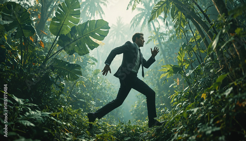 Businessman running through dense jungle in a suit, symbolizing urgency and adventure