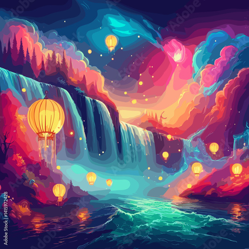 Magical illustration of colorful waterfalls with floating lanterns and vibrant dreamlike scenery
