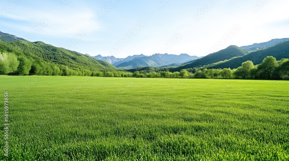 Fototapeta premium Lush green field stretches towards distant mountains under a clear sky