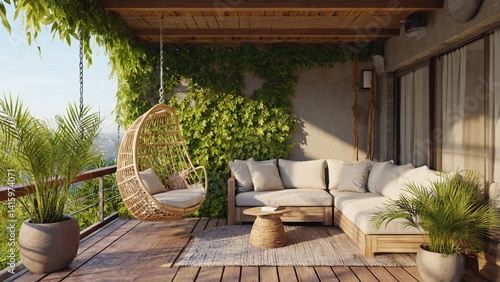 Green patio with wooden furniture, hanging chair and greenery.