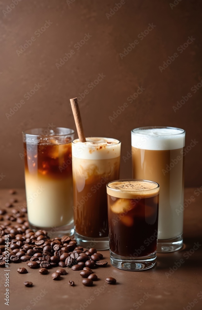 Variety of coffee and chocolate drinks with coffee beans on brown background. Cafe shop menu design, fresh hot drinks, cappuccino, latte, mocha, espresso, iced coffee, cocoa, sweet desserts. Variety of coffee and chocolate drinks with coffee beans on brown background. Cafe shop menu design, fresh hot drinks, cappuccino, latte, mocha, espresso, iced coffee, cocoa, sweet desserts.