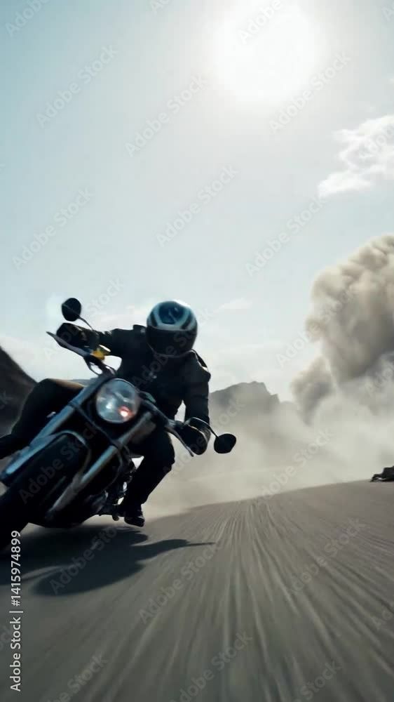 Dynamic Motorcycle Rider Speeding Through Dusty Road with Sunlit Clouds and Dramatic Smoke Trails for Action Scenes Dynamic Motorcycle Rider Speeding Through Dusty Road with Sunlit Clouds and Dramatic Smoke Trails for Action Scenes
