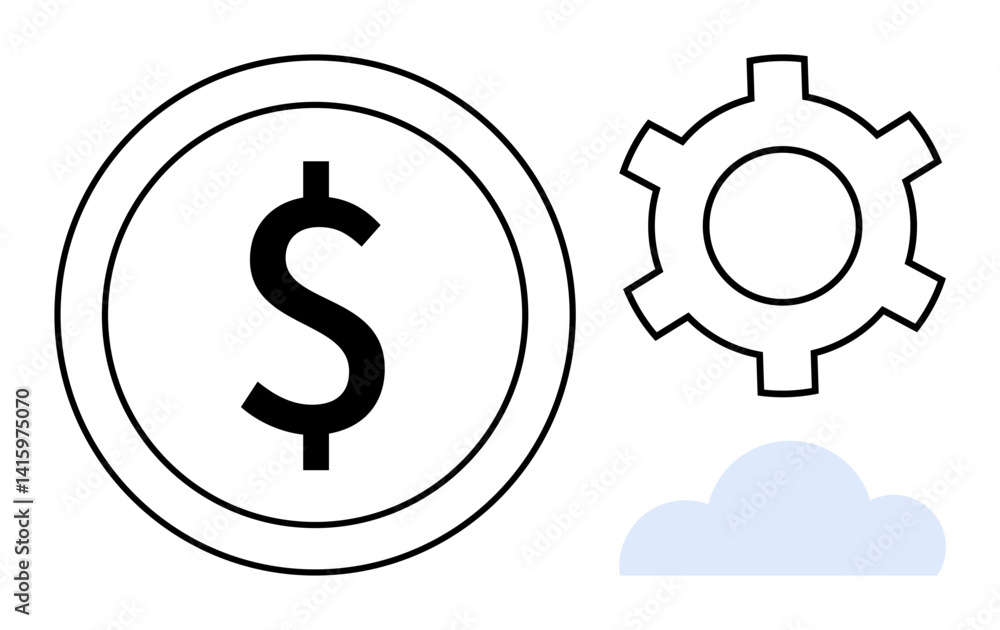 Dollar coin next to gear and cloud, symbolizing money, process, cloud-based solutions. Ideal for finance, business, technology, cloud services, innovation workflow and a simple landing page Dollar coin next to gear and cloud, symbolizing money, process, cloud-based solutions. Ideal for finance, business, technology, cloud services, innovation workflow and a simple landing page