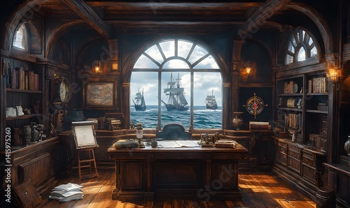 Obraz na płótnie Stylized AI-generated pirate ship cabin interior, ideal for fantasy games, storytelling visuals, and historical adventure concepts
w salonie
