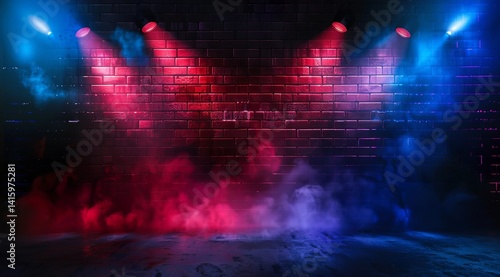 A dark background with red and blue lights, an empty stage with a brick wall, spotlights, and smoke