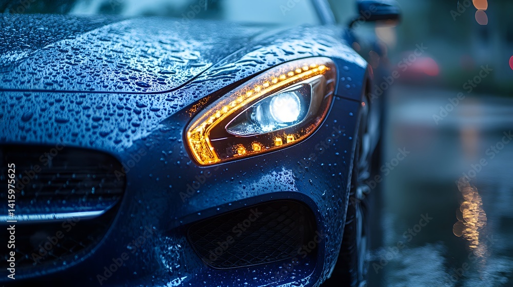 Car hood with water droplets demonstrating ceramic coating’s hydrophobic effect and advanced surface protection for automotive care