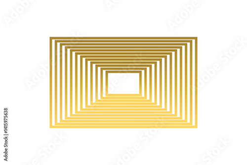 Gold rectangular frame tunnel, abstract geometric concentric golden lines and luxury 3D depth background element