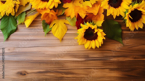 Wallpaper Mural Vibrant Sunflowers Arranged on a Rustic Wooden Background in Autumn Torontodigital.ca
