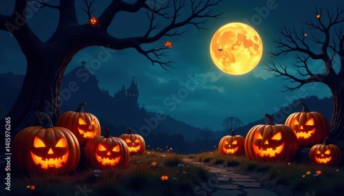 Haunted pumpkin patch with carved pumpkins and a full moon, glowing pumpkins, spooky atmosphere