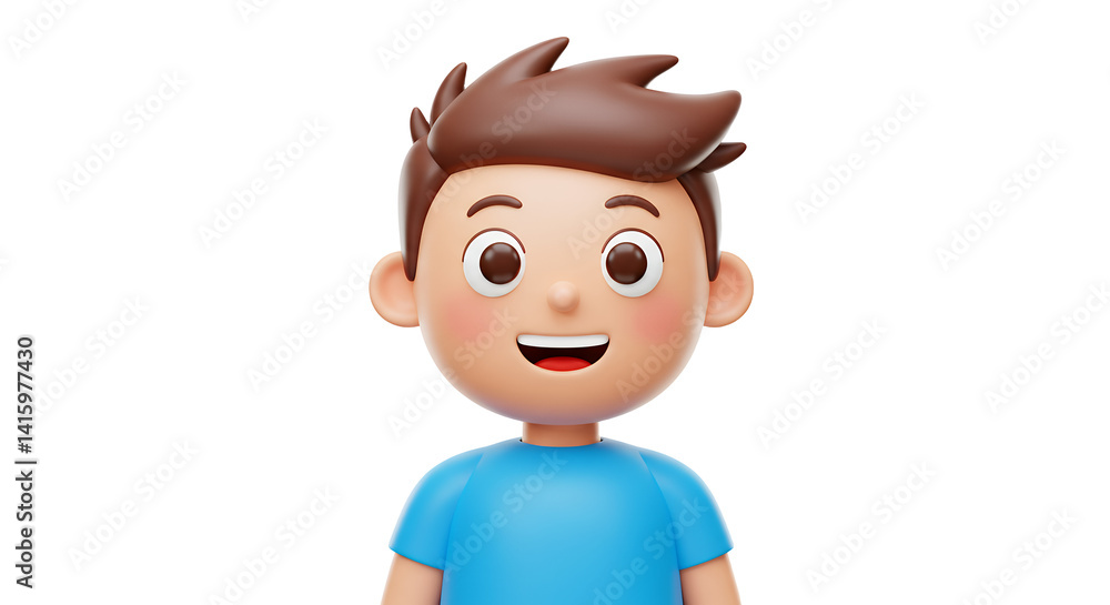 Smiling Cartoon Boy with Brown Hair, Animated Character