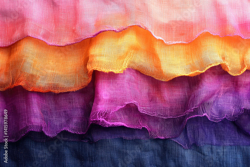 Layered Wavy Silk Fabric in Sunset Gradient Tones of Pink Orange Yellow Purple and Deep Navy Blue