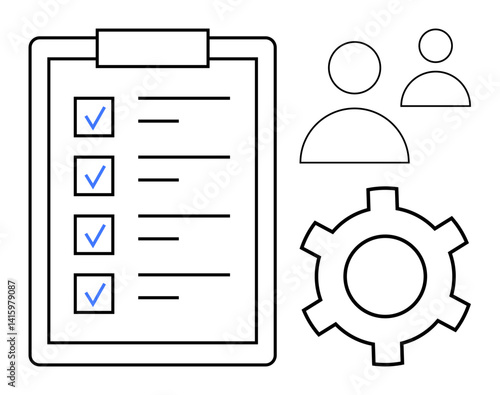 Clipboard with checklist and ticks, gear symbol, and two user icons. Ideal for teamwork, project management, collaboration, productivity, goals setting, workflow visuals simple landing page