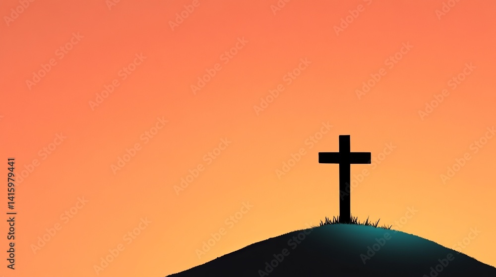 Silhouette of a cross stands on a hill against an orange sky during sunset. - high quality Silhouette of a cross stands on a hill against an orange sk Silhouette of a cross stands on a hill against an orange sky during sunset. - high quality Silhouette of a cross stands on a hill against an orange sk