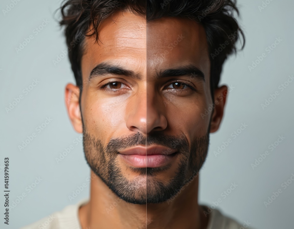 Split face portrait of a man with different skin tones. Concept of diversity and equality. Racial harmony, acceptance, multiculturalism in a globalized world. Face closeup with various expressions. Split face portrait of a man with different skin tones. Concept of diversity and equality. Racial harmony, acceptance, multiculturalism in a globalized world. Face closeup with various expressions.