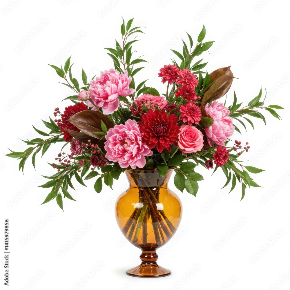 Fototapeta premium Arrangement of pink and red flowers in a brown glass vase still life isolated on white background