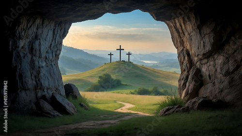 View from a cave at Easter sunrise, showing distant hills with three holy crosses symbolizing resurrection and hope, Jesus Christ good Friday background