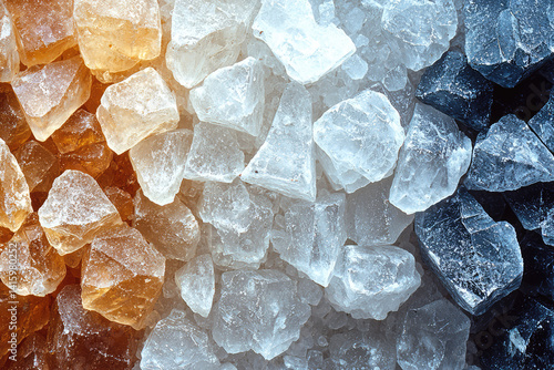 Close-Up of Vibrant Multicolored Rock Sugar Crystals in Orange White and Blue Gradient Tones