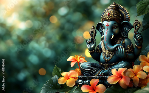 Serene Ganesha Statue: Teal Elegance Amidst Lush Blooms