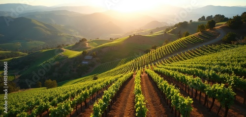 Aerial view of California vineyard during sunset golden hour. Rows of grape vines on hillside with oak trees, landscape. Agriculture wine making. Perfect backdrop for a rural landscape.