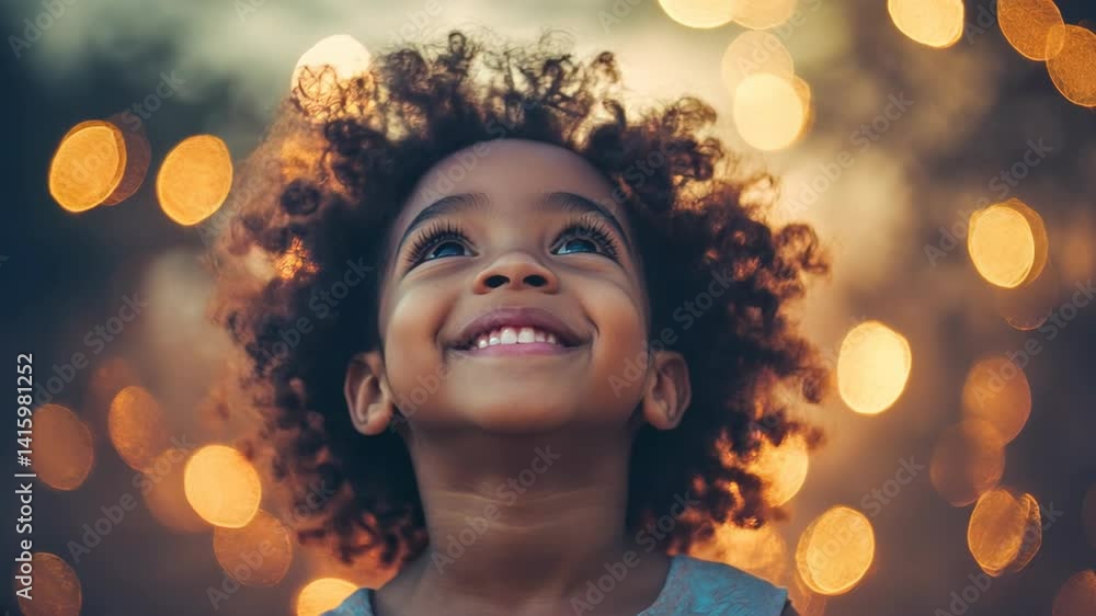 Smiling Child with Curly Hair Surrounded by Warm Golden Lights from fireworks in Dreamy Outdoor Background christmas Smiling Child with Curly Hair Surrounded by Warm Golden Lights from fireworks in Dreamy Outdoor Background christmas