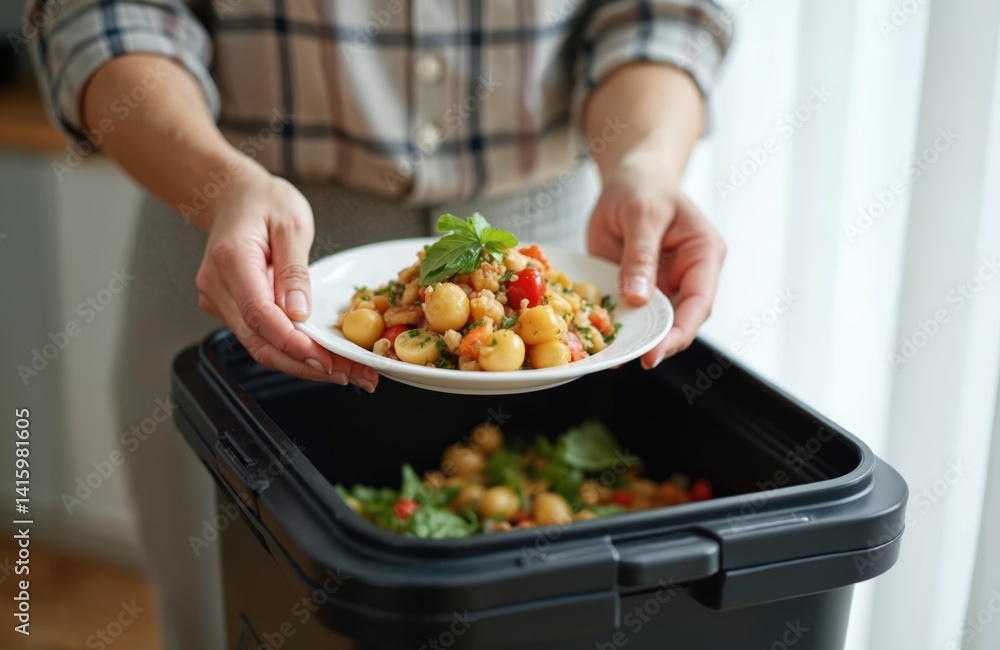 Person puts food scraps in compost bin. Food waste recycling home kitchen for fertilizer production. Eco-friendly composting food waste for environmental protection and global pollution reduction. Person puts food scraps in compost bin. Food waste recycling home kitchen for fertilizer production. Eco-friendly composting food waste for environmental protection and global pollution reduction.