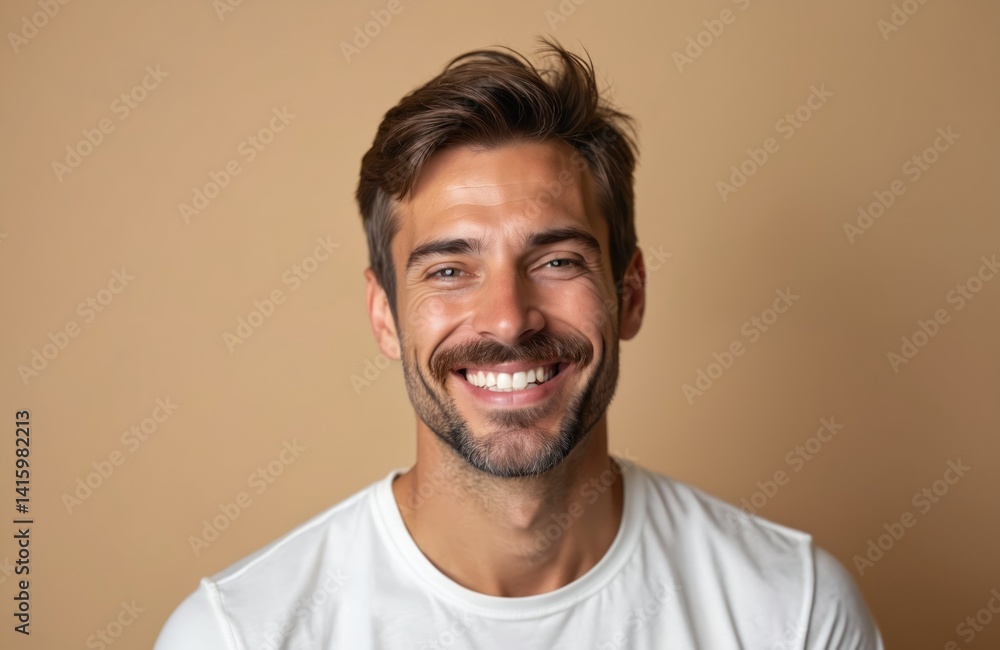 Fototapeta premium Happy handsome man portrait on beige background. Smiling businessman with fresh haircut and beard. Fashion male model in white t-shirt smiles with perfect white teeth, looking straight.