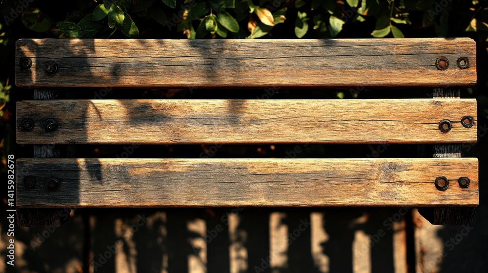 Fototapeta premium Weathered wooden park bench, sunlight, shadows, leaves. Relaxation, tranquility