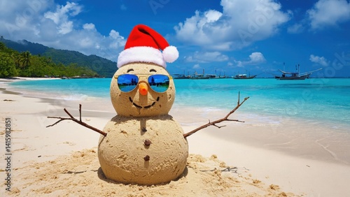 Holiday sand sculpture on beach.