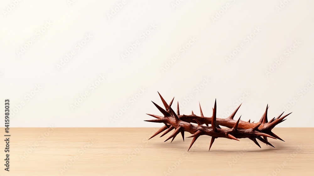 Fototapeta premium Thorn crown sits centered on a light wooden surface against a creamy neutral background, casting a soft shadow.