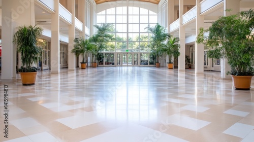 Spacious, bright, modern lobby with large windows and plants