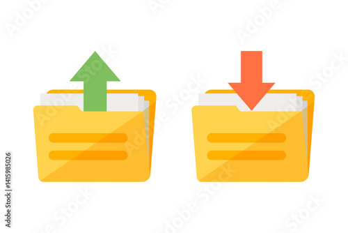 Two file folders with upload and download arrows illustrate data transfer, and file management with a simple design and clear symbolism. Vector element set.