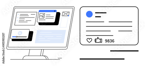 Computer monitor displaying app windows, media, email, video, magnifying glass, and a social media post with thumbs ups and interactions. Ideal for digital communication, productivity, collaboration