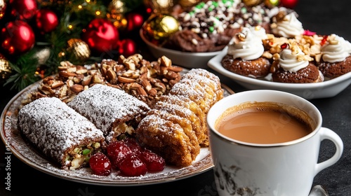 Various desserts are arranged on a plate with coffee near a decorated Christmas tree creating a festive scene.