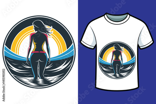 piękna i szczupła kobieta stojąca przodem nad brzegiem oceanu vector t_shirt design