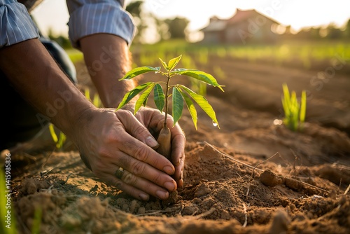 Man Carefully Planting a Young Sapling in Rich Soil