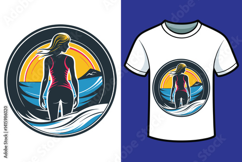 piękna i szczupła kobieta stojąca przodem nad brzegiem oceanu vector t_shirt design