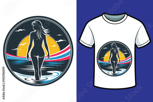 piękna i szczupła kobieta stojąca przodem nad brzegiem oceanu vector t_shirt design