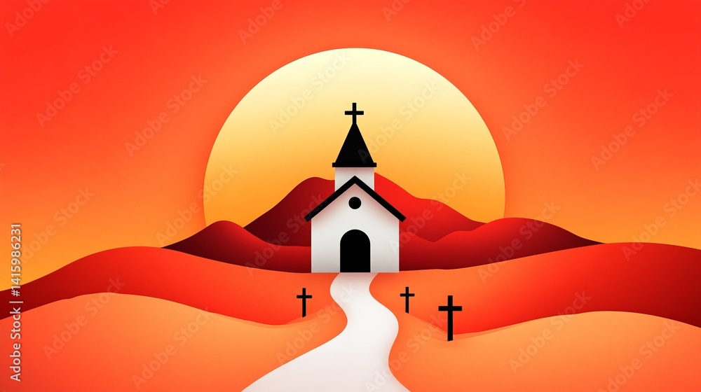 White church stands silhouetted against a sunset with mountains and crosses visible on the horizon.