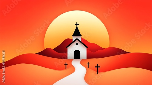 Obraz na płótnie White church stands silhouetted against a sunset with mountains and crosses visible on the horizon. w salonie