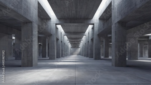 Interior of large empty concrete building with multiple pillars and skylights.