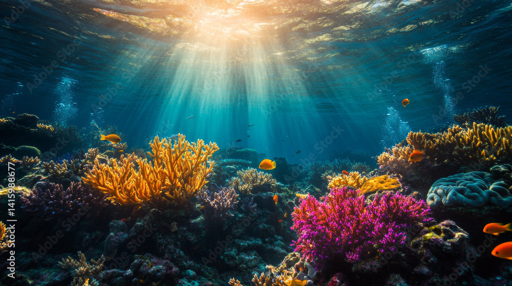 Fototapeta premium Underwater Coral Reef Scene with Sunlight Rays and Colorful Marine Life